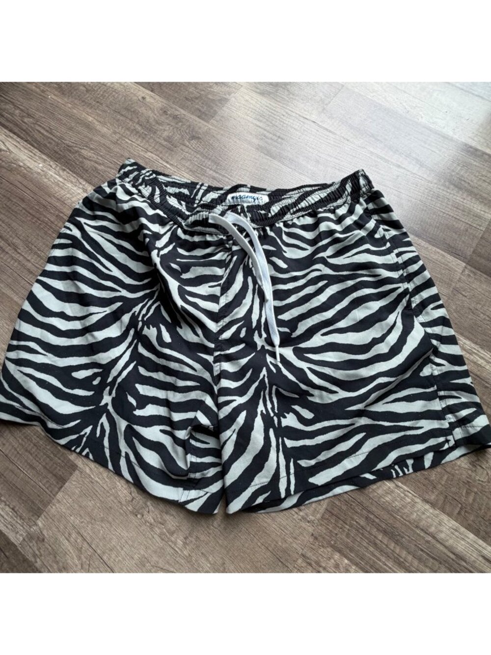 Maamgic Mens Zebra Print Swim Trunks Black & White Drawstring Elastic Waist L